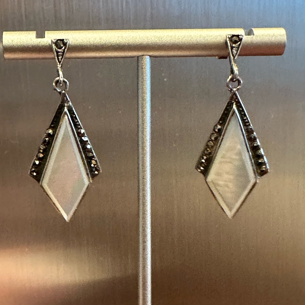 Mother of Pearl Diamond shape with Marcasite accents Sterling Silver earrings